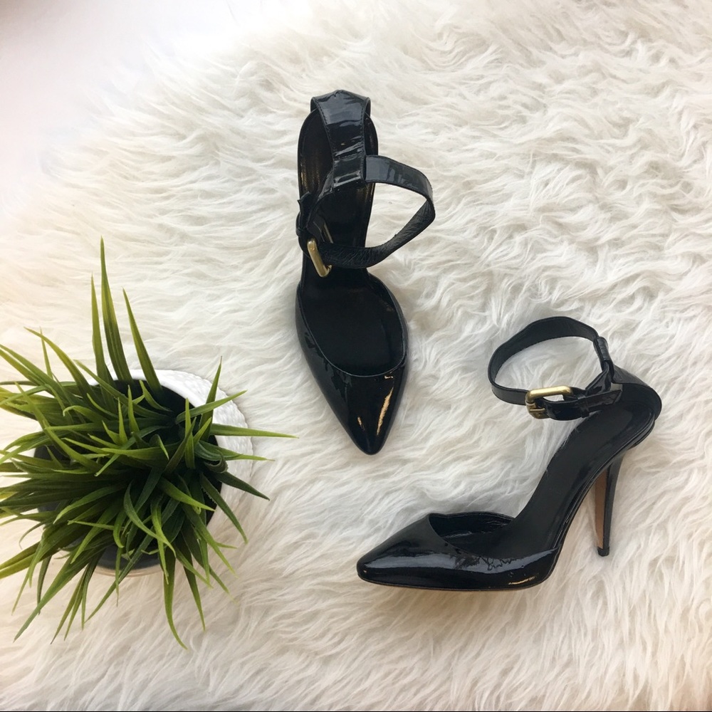 DKNY Antina Black Patent Pointed Toe Ankle Strap Stiletto Heels NWT